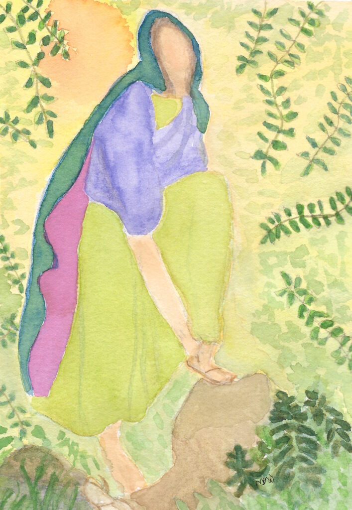 watercolor painting of Hebrew woman taking off her sandal