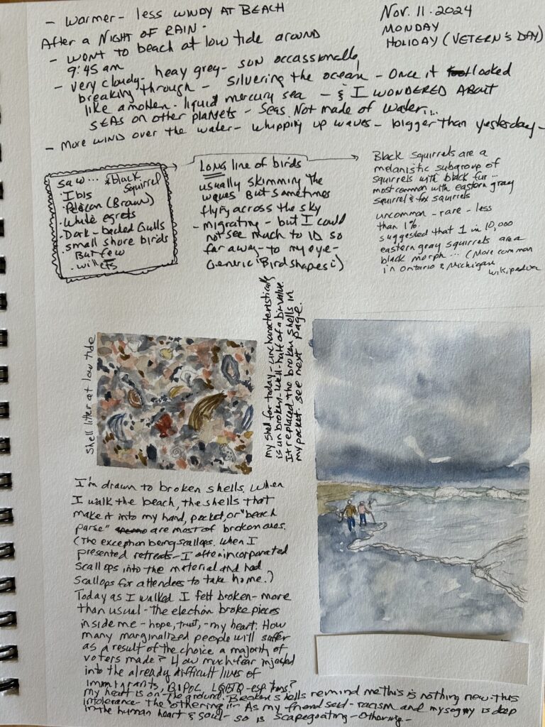 page of nature journal painting of shell litter people walking beach wrirtint